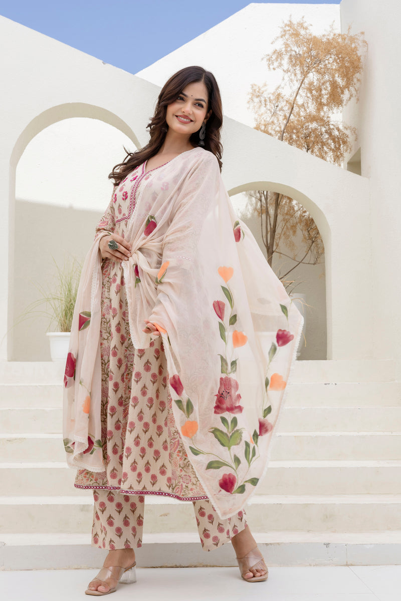 EthniFlair Floral Printed Mirror Work Anarkali Kurta With Trousers & Dupatta