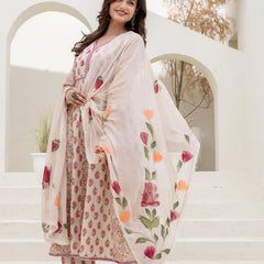 EthniFlair Floral Printed Mirror Work Anarkali Kurta With Trousers & Dupatta