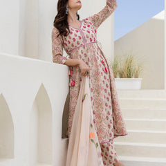 EthniFlair Floral Printed Mirror Work Anarkali Kurta With Trousers & Dupatta