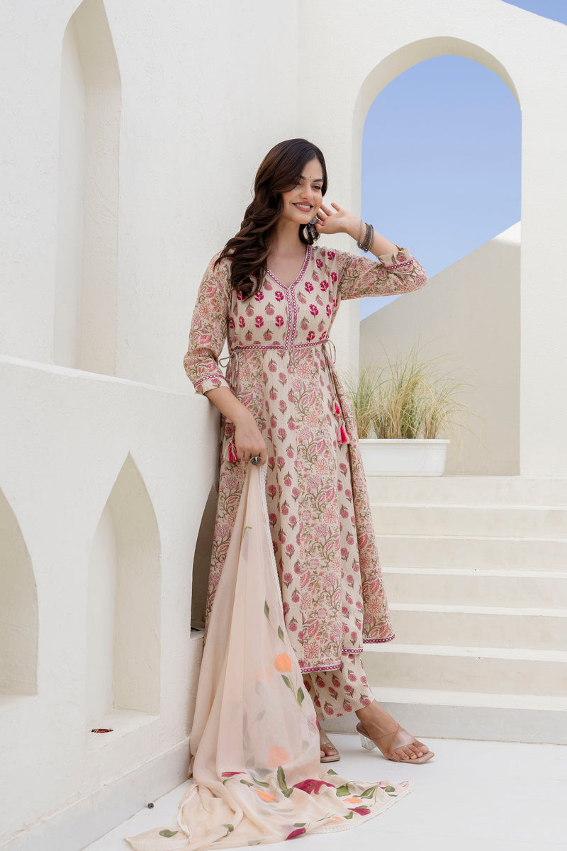 EthniFlair Floral Printed Mirror Work Anarkali Kurta With Trousers & Dupatta