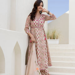 EthniFlair Floral Printed Mirror Work Anarkali Kurta With Trousers & Dupatta