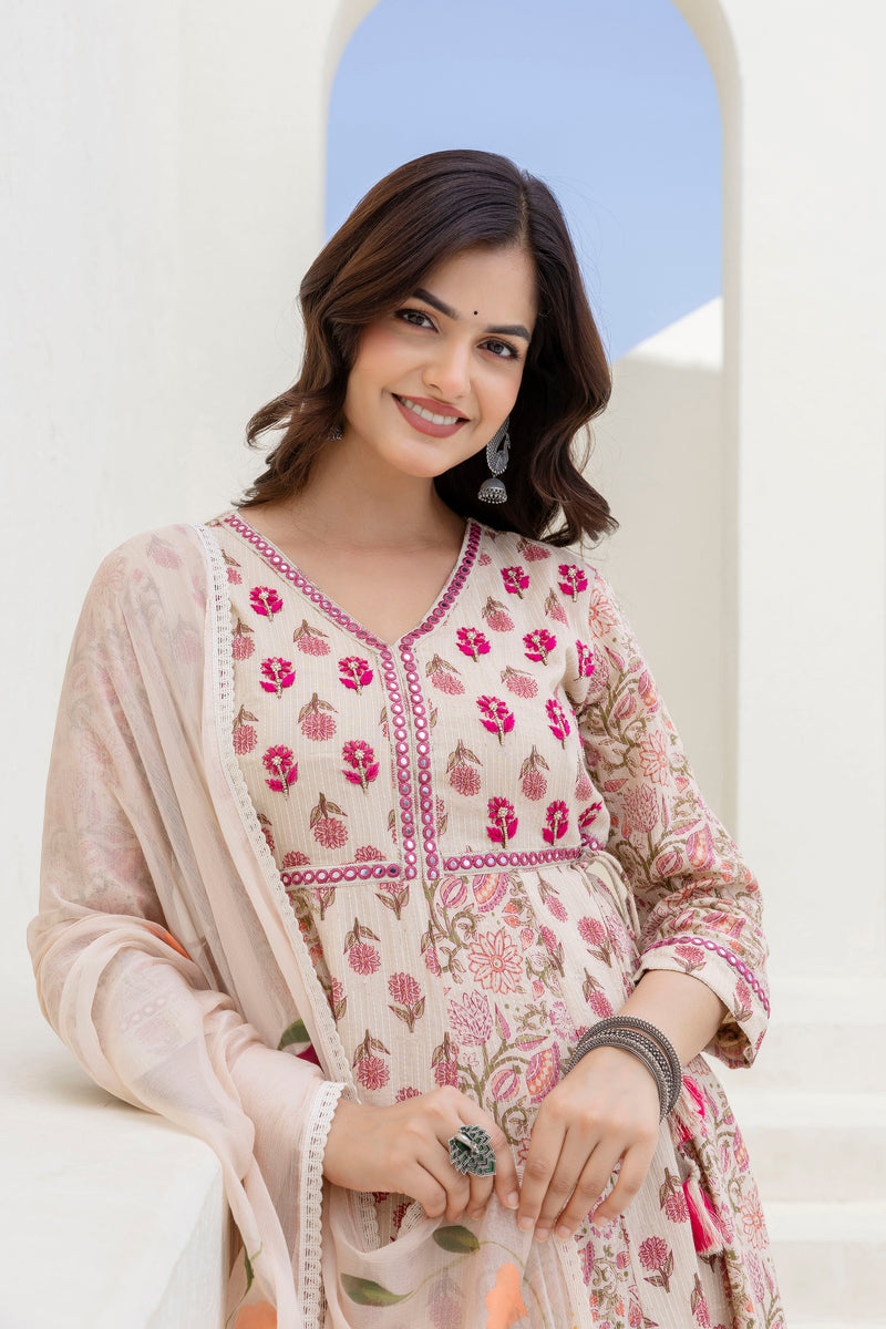 EthniFlair Floral Printed Mirror Work Anarkali Kurta With Trousers & Dupatta