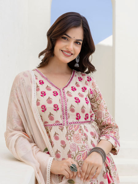 EthniFlair Floral Printed Mirror Work Anarkali Kurta With Trousers & Dupatta