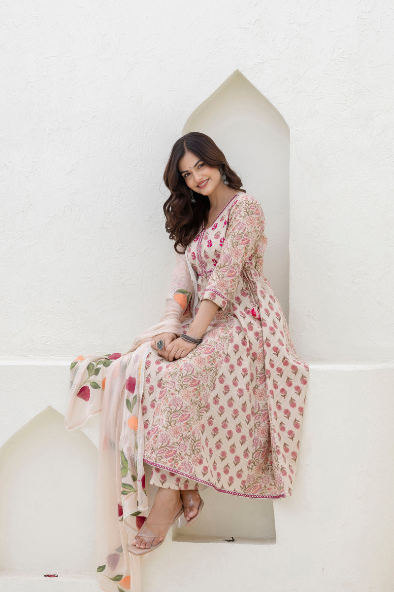 EthniFlair Floral Printed Mirror Work Anarkali Kurta With Trousers & Dupatta