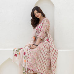 EthniFlair Floral Printed Mirror Work Anarkali Kurta With Trousers & Dupatta