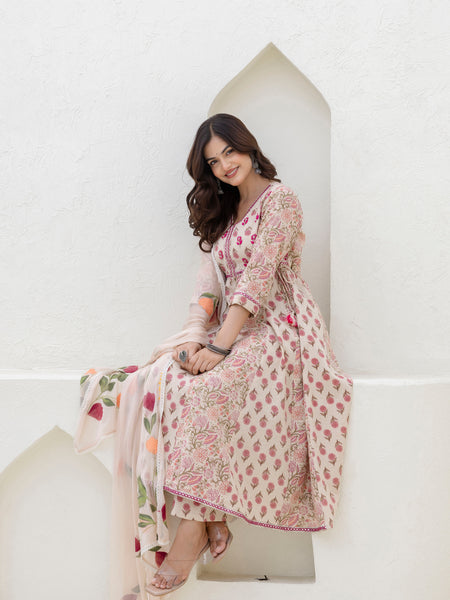 EthniFlair Floral Printed Mirror Work Anarkali Kurta With Trousers & Dupatta