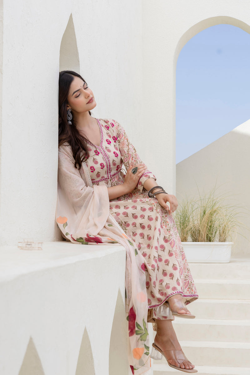 EthniFlair Floral Printed Mirror Work Anarkali Kurta With Trousers & Dupatta