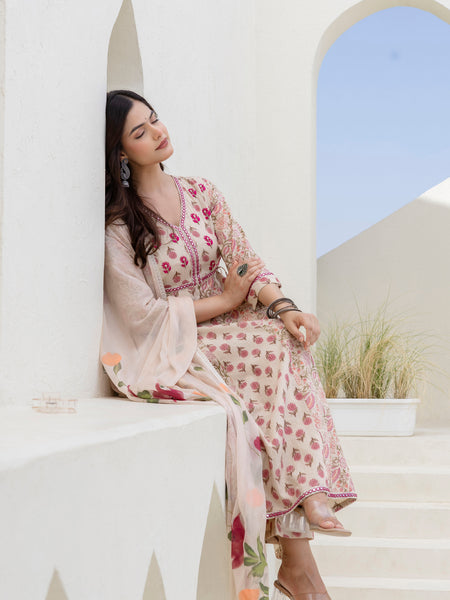 EthniFlair Floral Printed Mirror Work Anarkali Kurta With Trousers & Dupatta