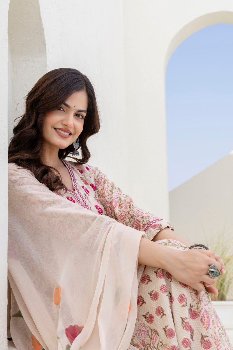 EthniFlair Floral Printed Mirror Work Anarkali Kurta With Trousers & Dupatta