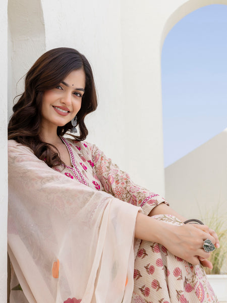 EthniFlair Floral Printed Mirror Work Anarkali Kurta With Trousers & Dupatta