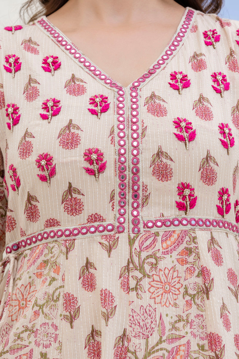 EthniFlair Floral Printed Mirror Work Anarkali Kurta With Trousers & Dupatta