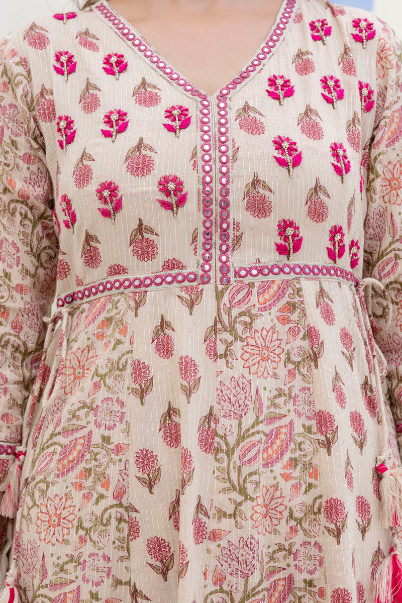 EthniFlair Floral Printed Mirror Work Anarkali Kurta With Trousers & Dupatta