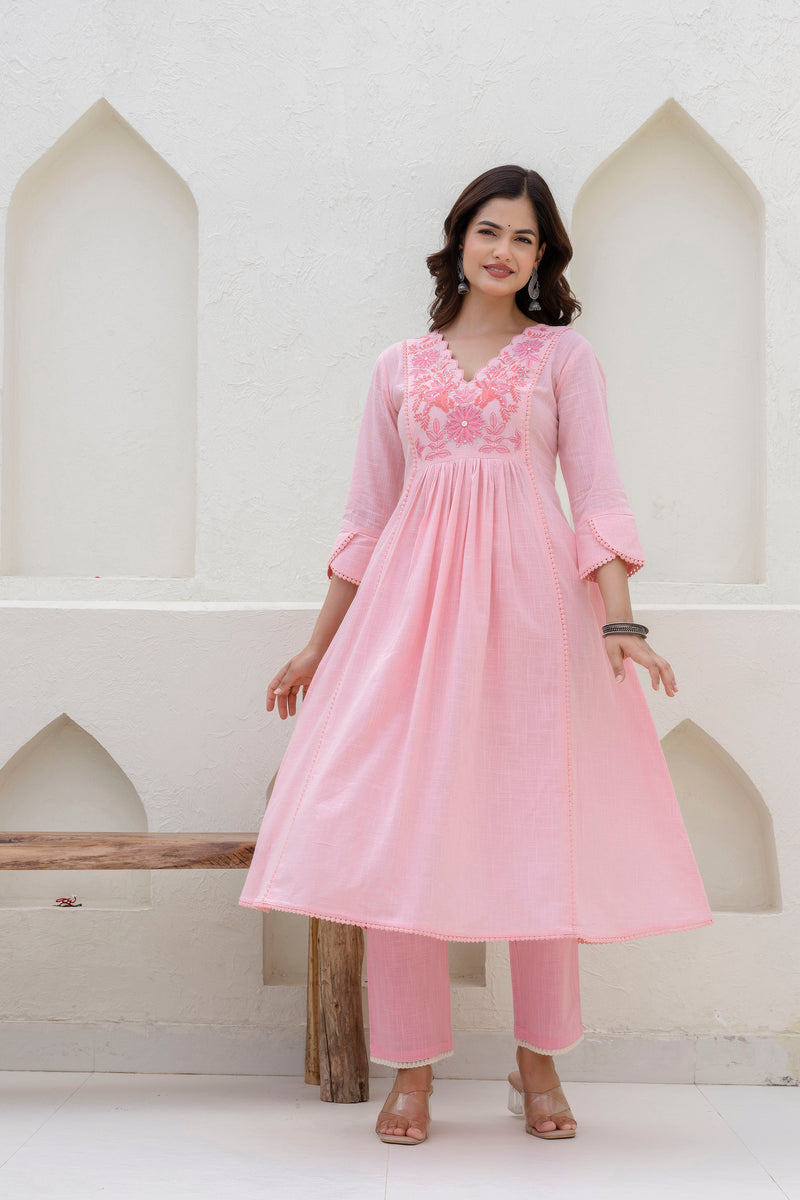 EthniFlair Yoke Design V-Neck Pleated Kurta With Trousers & Dupatta