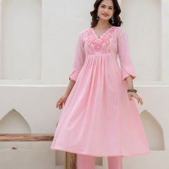 EthniFlair Yoke Design V-Neck Pleated Kurta With Trousers & Dupatta