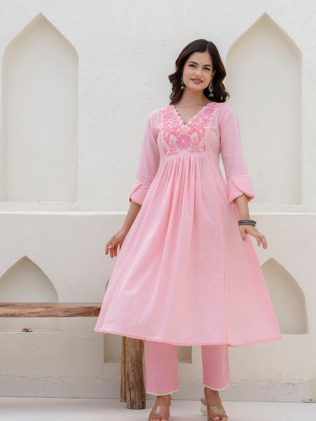 EthniFlair Yoke Design V-Neck Pleated Kurta With Trousers & Dupatta