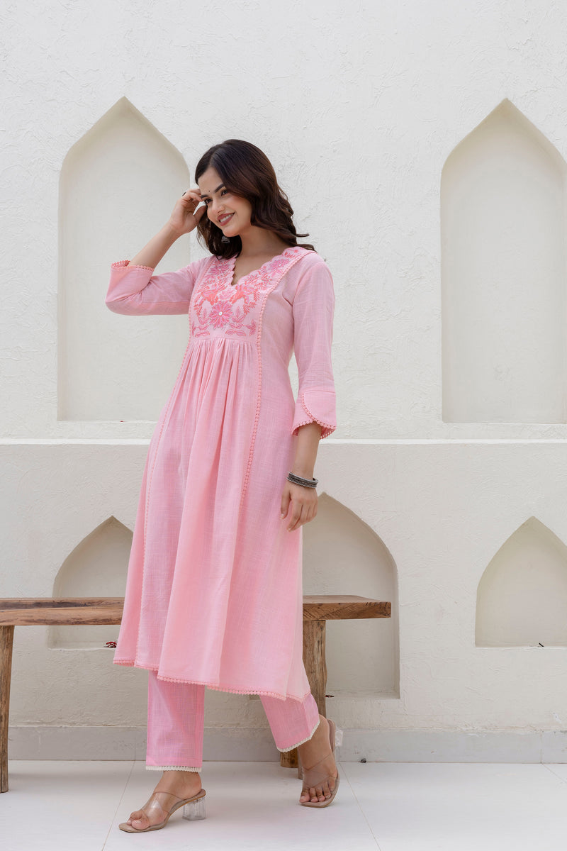 EthniFlair Yoke Design V-Neck Pleated Kurta With Trousers & Dupatta