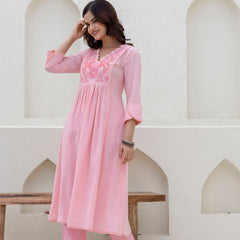 EthniFlair Yoke Design V-Neck Pleated Kurta With Trousers & Dupatta
