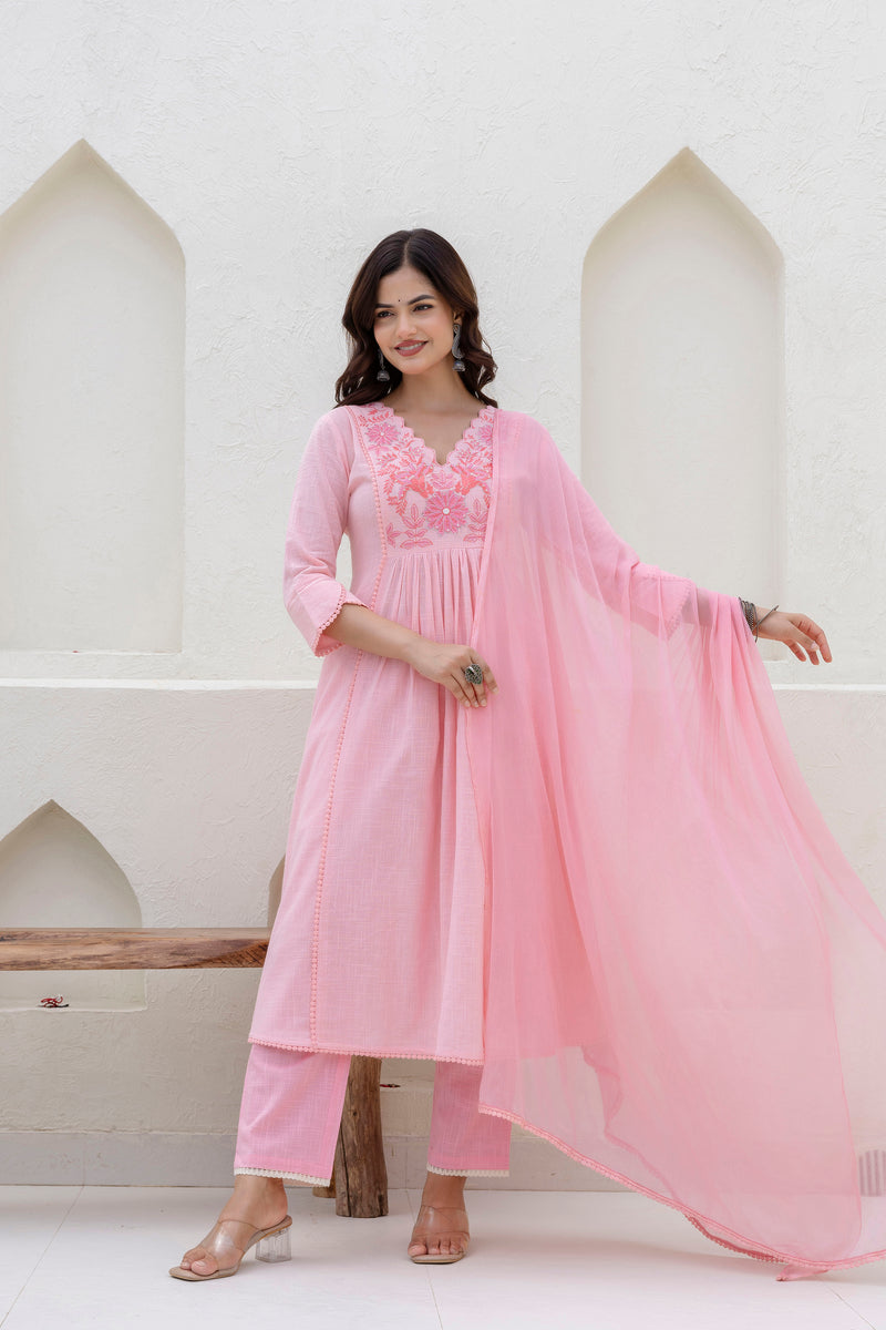 EthniFlair Yoke Design V-Neck Pleated Kurta With Trousers & Dupatta