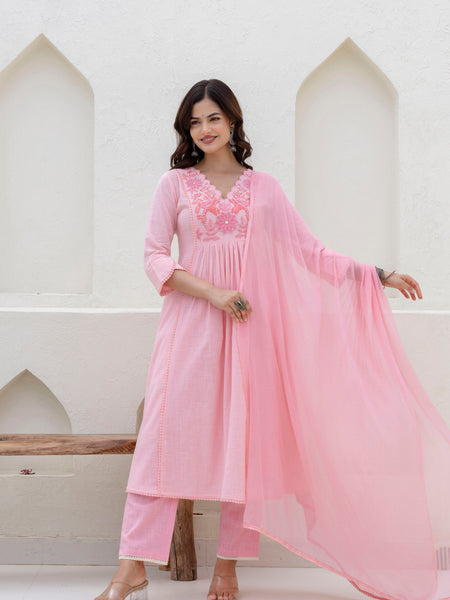 EthniFlair Yoke Design V-Neck Pleated Kurta With Trousers & Dupatta