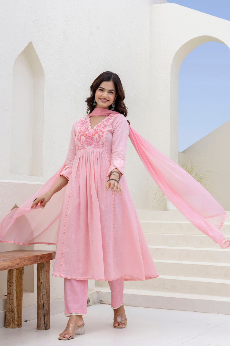EthniFlair Yoke Design V-Neck Pleated Kurta With Trousers & Dupatta