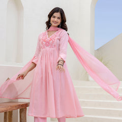 EthniFlair Yoke Design V-Neck Pleated Kurta With Trousers & Dupatta