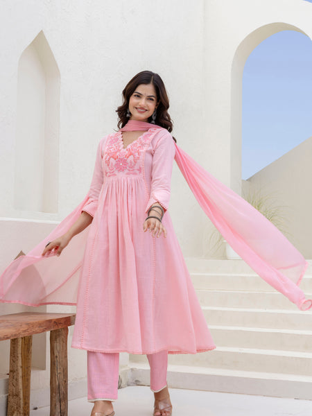 EthniFlair Yoke Design V-Neck Pleated Kurta With Trousers & Dupatta