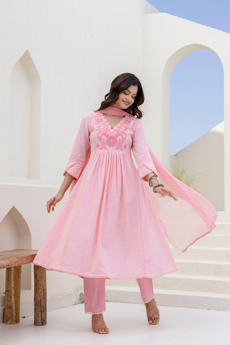 EthniFlair Yoke Design V-Neck Pleated Kurta With Trousers & Dupatta