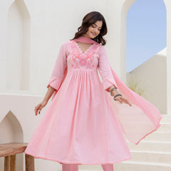 EthniFlair Yoke Design V-Neck Pleated Kurta With Trousers & Dupatta