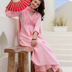 EthniFlair Yoke Design V-Neck Pleated Kurta With Trousers & Dupatta