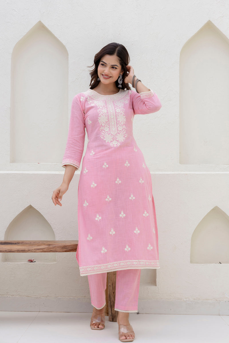 EthniFlair Floral Embroidered Kurta with Trousers & Dupatta