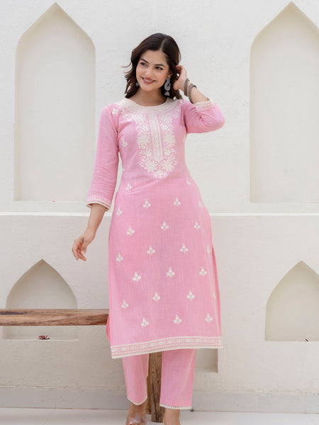 EthniFlair Floral Embroidered Kurta with Trousers & Dupatta