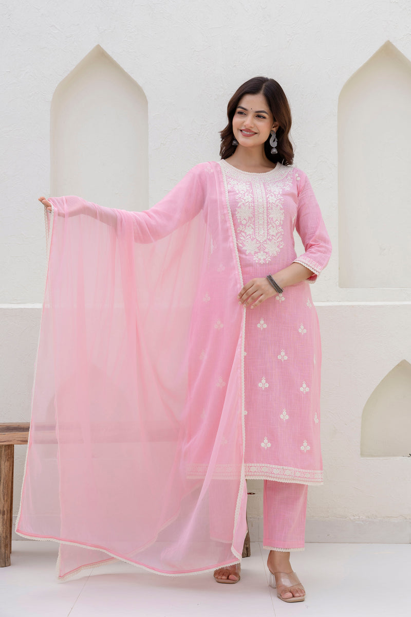 EthniFlair Floral Embroidered Kurta with Trousers & Dupatta