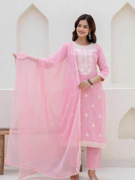 EthniFlair Floral Embroidered Kurta with Trousers & Dupatta