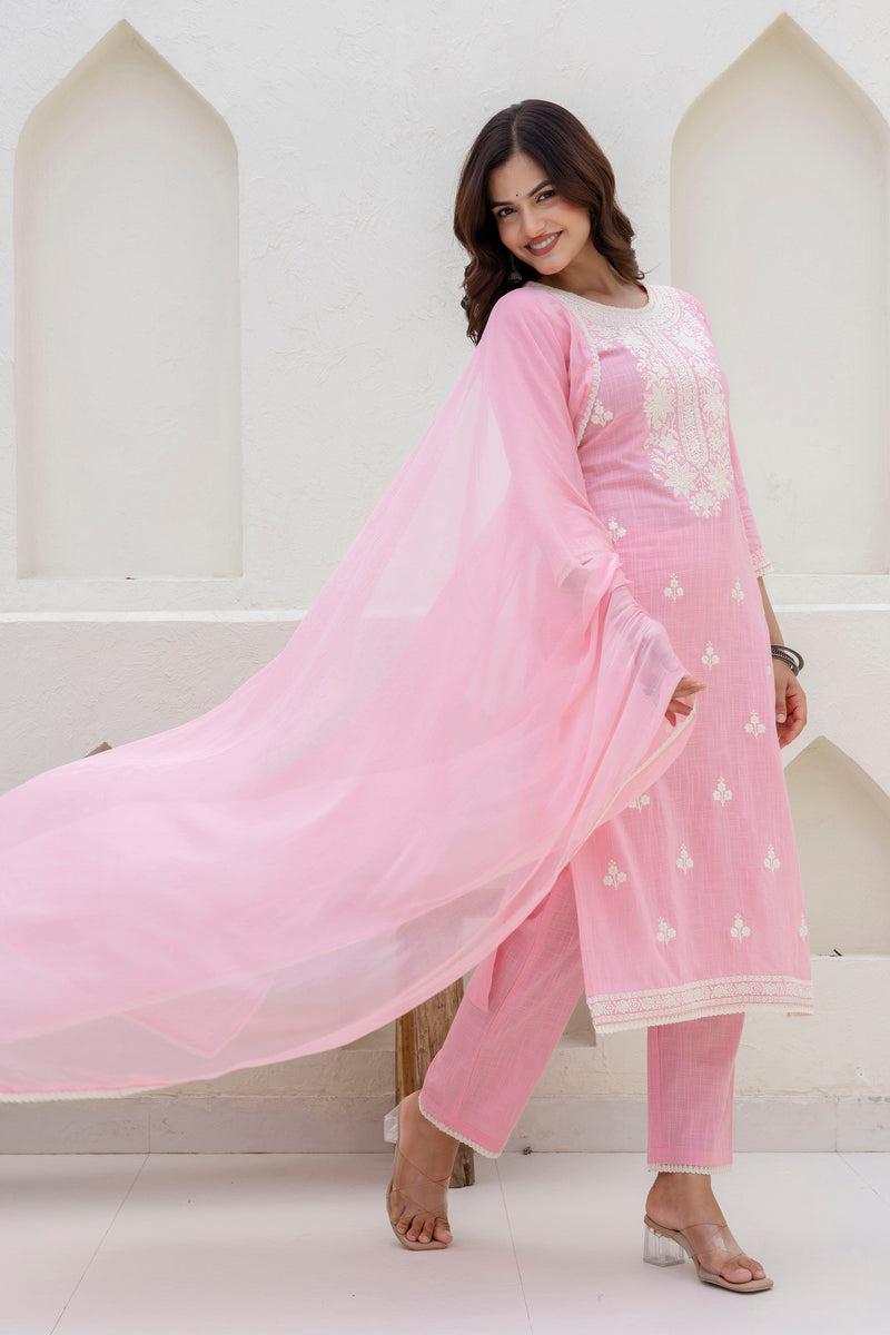 EthniFlair Floral Embroidered Kurta with Trousers & Dupatta