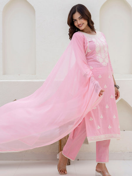 EthniFlair Floral Embroidered Kurta with Trousers & Dupatta