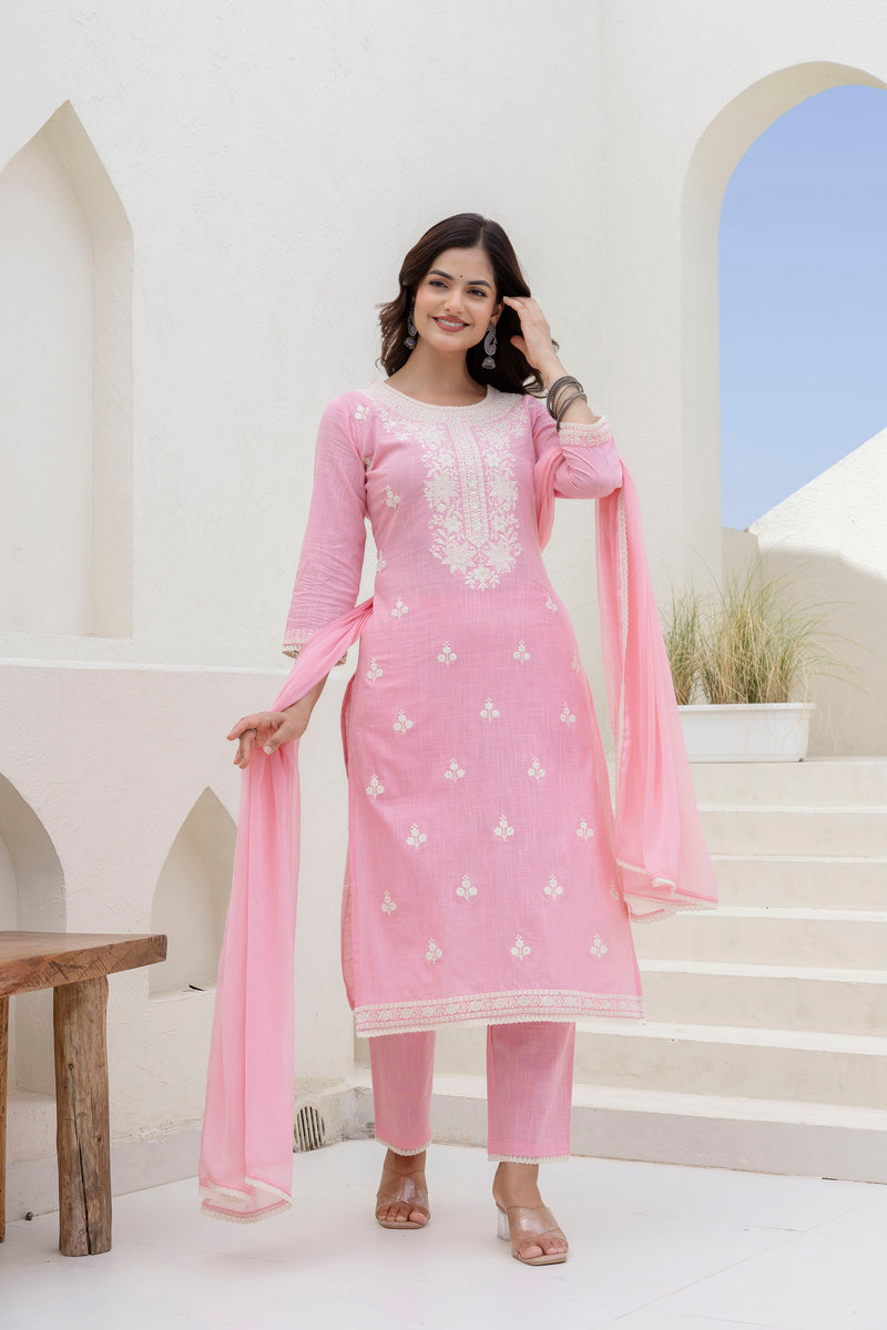 EthniFlair Floral Embroidered Kurta with Trousers & Dupatta