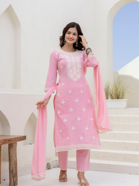 EthniFlair Floral Embroidered Kurta with Trousers & Dupatta