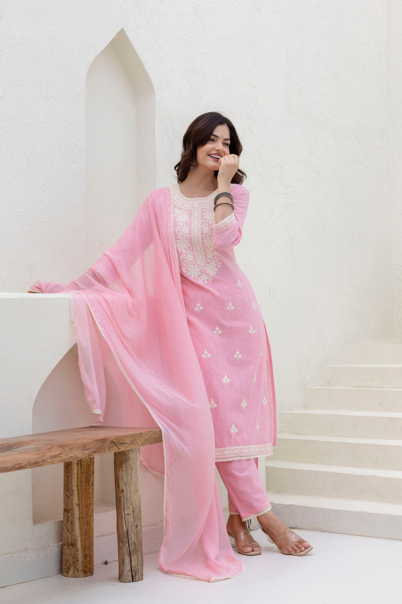 EthniFlair Floral Embroidered Kurta with Trousers & Dupatta