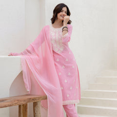 EthniFlair Floral Embroidered Kurta with Trousers & Dupatta