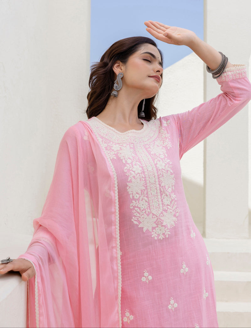 EthniFlair Floral Embroidered Kurta with Trousers & Dupatta