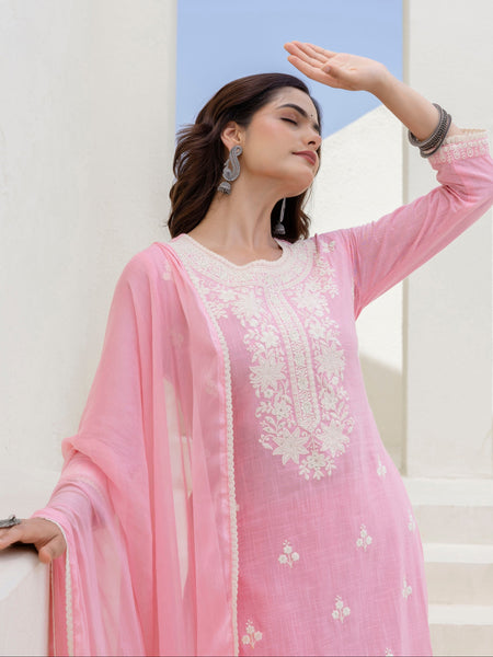 EthniFlair Floral Embroidered Kurta with Trousers & Dupatta