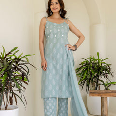 EthniFlair Floral Printed Shoulder Straps Kurta With Trousers & Dupatta