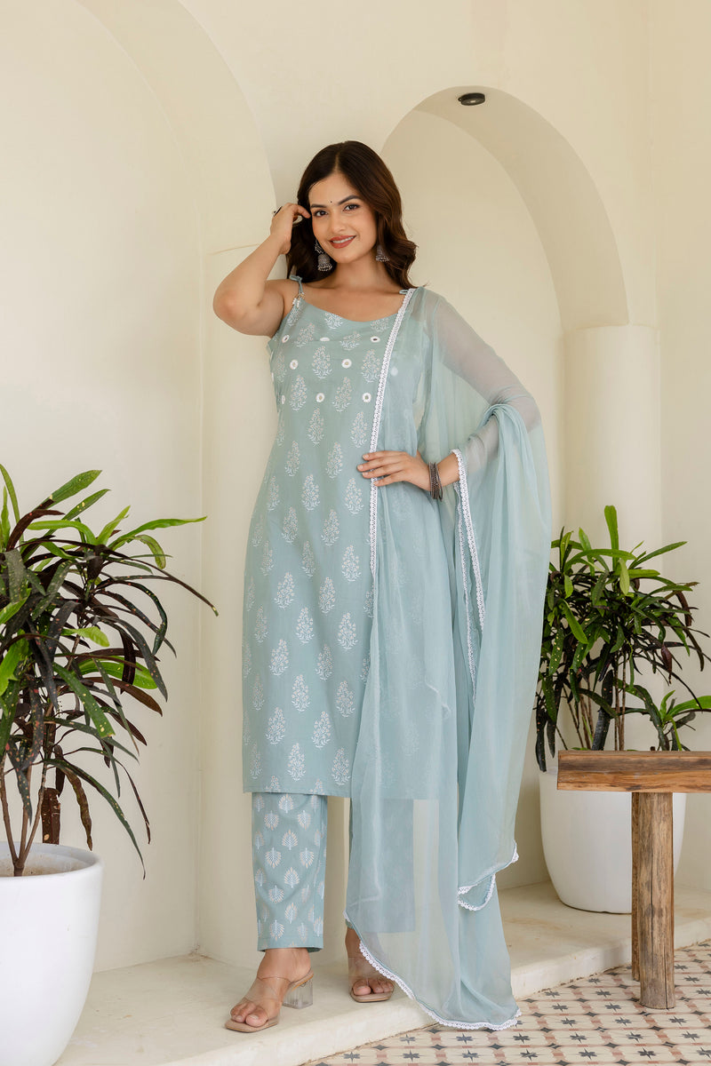 EthniFlair Floral Printed Shoulder Straps Kurta With Trousers & Dupatta