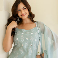 EthniFlair Floral Printed Shoulder Straps Kurta With Trousers & Dupatta