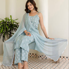 EthniFlair Floral Printed Shoulder Straps Kurta With Trousers & Dupatta