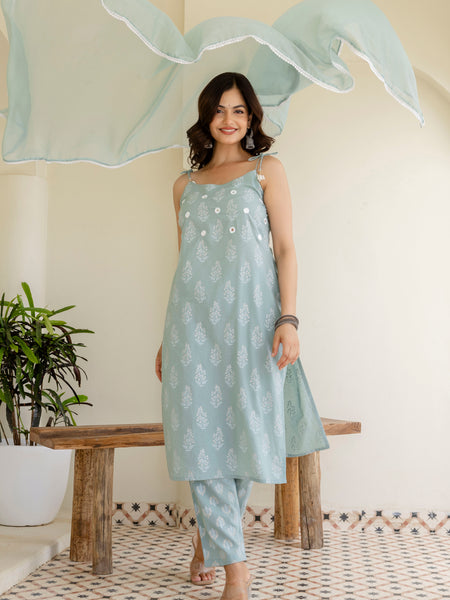 EthniFlair Floral Printed Shoulder Straps Kurta With Trousers & Dupatta