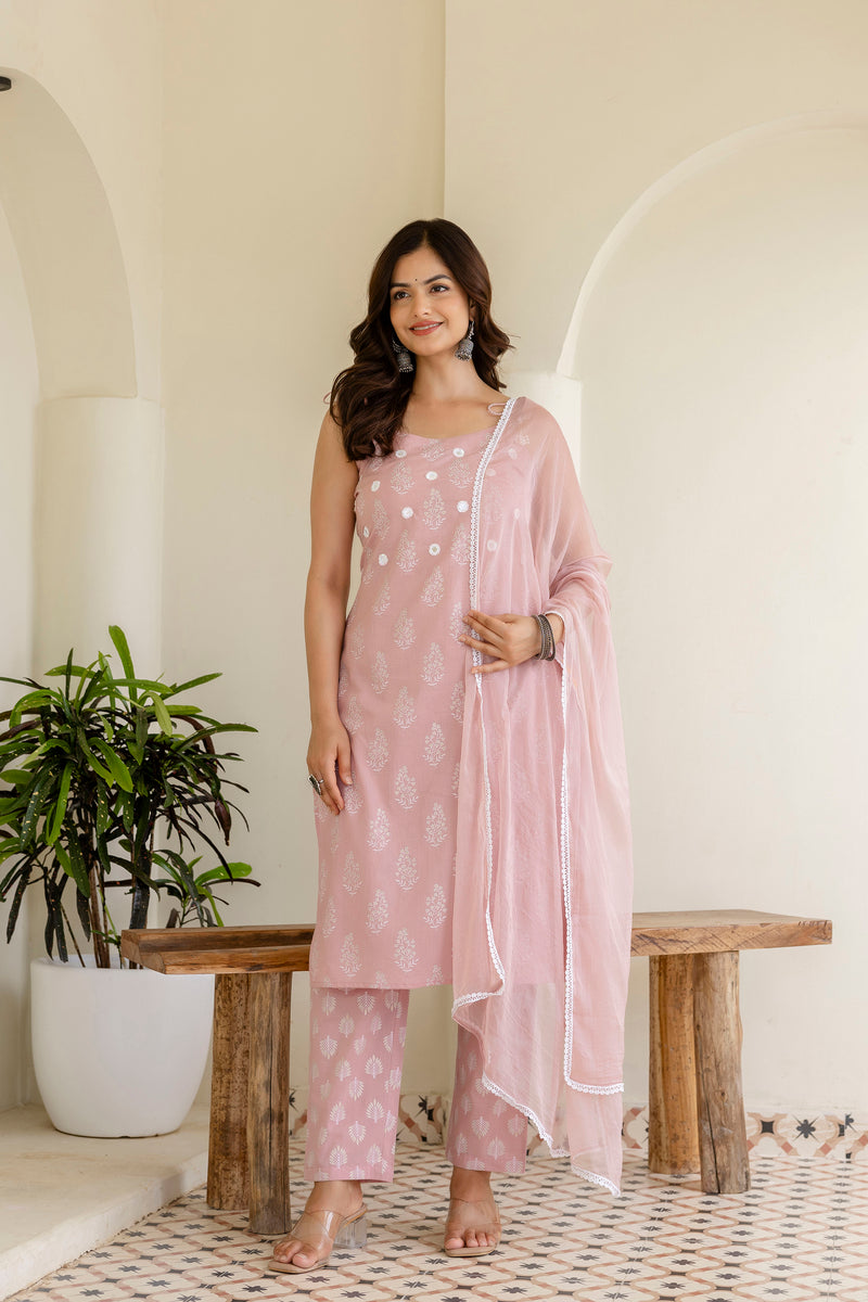 EthniFlair Floral Printed Shoulder Straps Kurta With Trousers & Dupatta