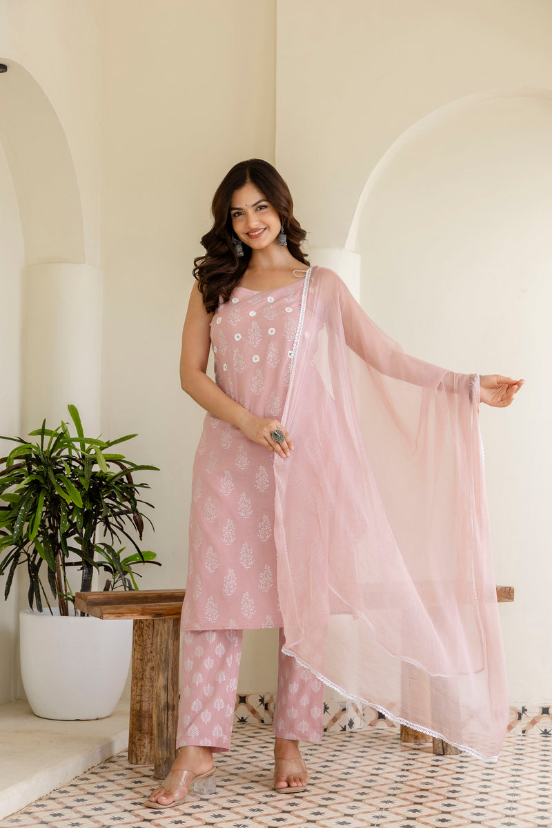 EthniFlair Floral Printed Shoulder Straps Kurta With Trousers & Dupatta