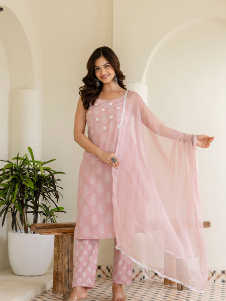 EthniFlair Floral Printed Shoulder Straps Kurta With Trousers & Dupatta