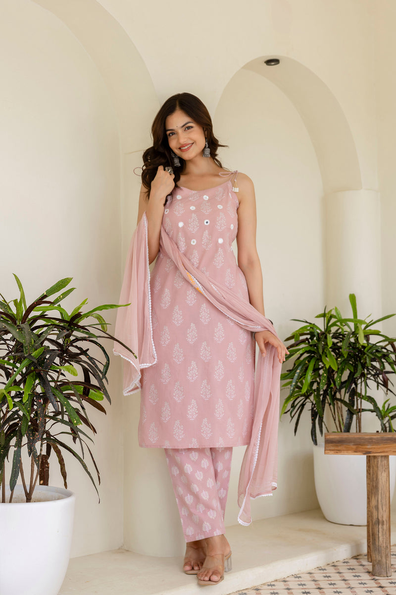 EthniFlair Floral Printed Shoulder Straps Kurta With Trousers & Dupatta